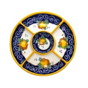 Piatto antipastiera in ceramica, 1 pz tonda, con 5 scomparti "Limoni graffito"