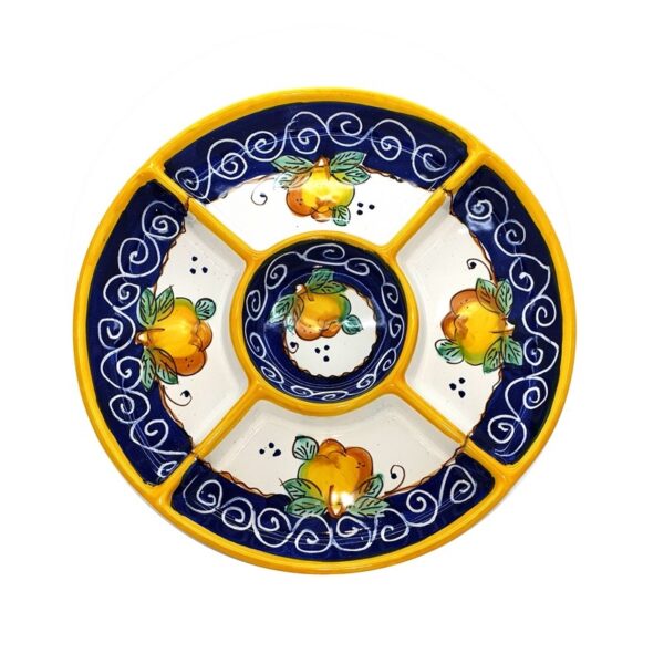 Piatto antipastiera in ceramica, 1 pz tonda, con 5 scomparti "Limoni graffito"