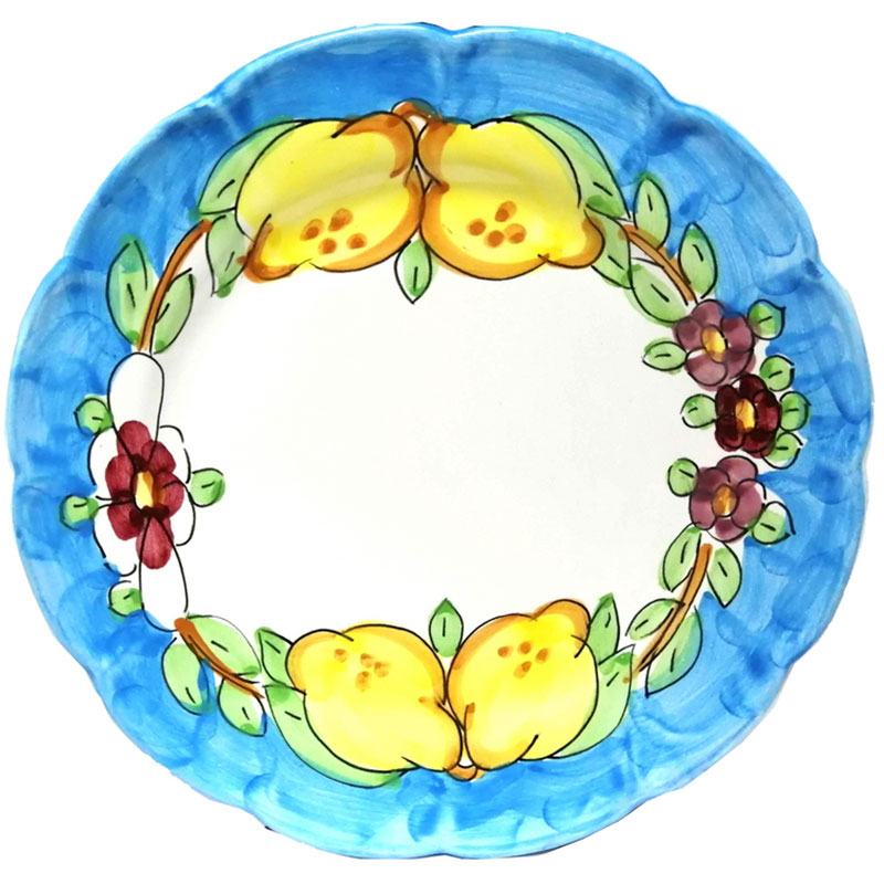 Piatto fondo smerlato "fiori e limoni" celeste