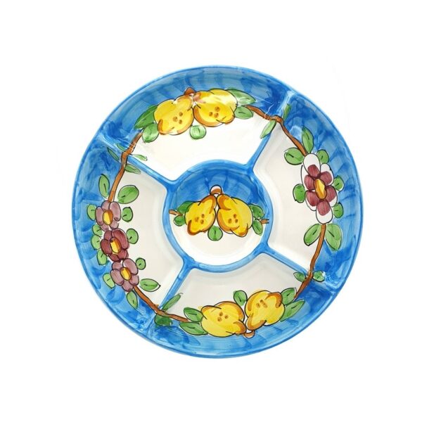 Piatto antipastiera in ceramica, 1 pz tonda, con 5 scompartii "fiori e limoni"