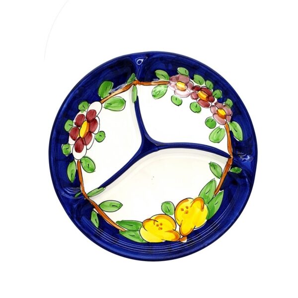 Piatto antipastiera in ceramica, 1 pz rotondo, con 3 scomparti"fiori e limoni"