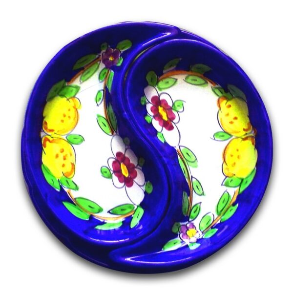 Piatto antipastiera in ceramica,  a forma di virgola, 3 pezzi "fiori e limoni"