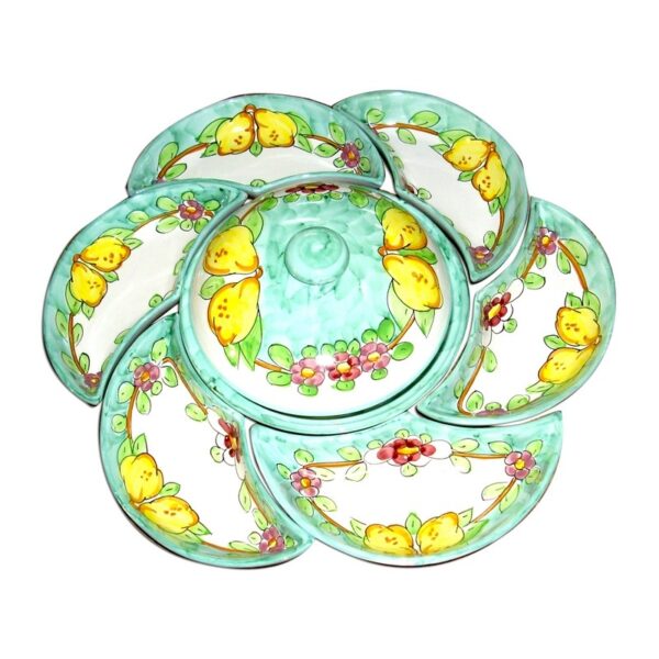 Piatto antipastiera in ceramica,  con coperchio sul piatto centrale, 8 pezzi "fiori e limoni"