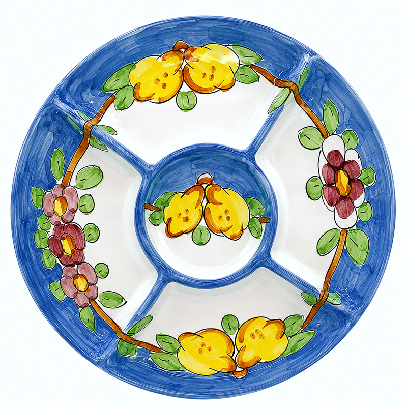 Piatto antipastiera in ceramica, 1 pz tonda, con 5 scompartii "fiori e limoni"