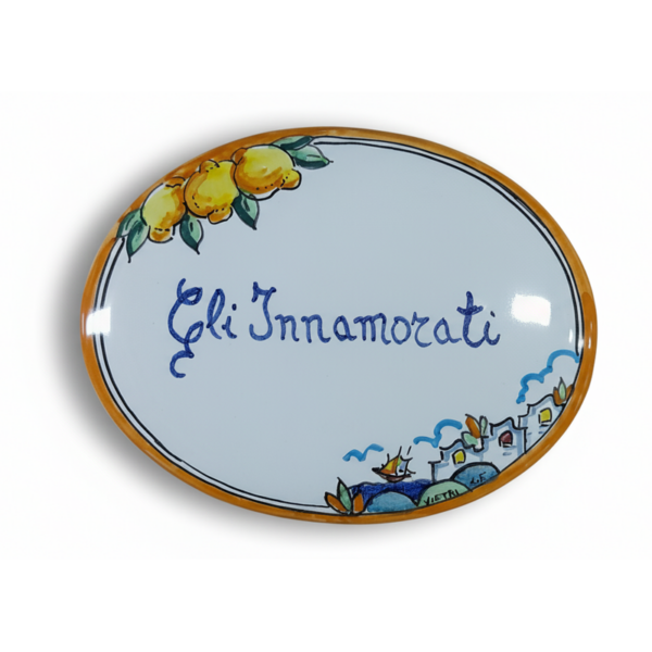 Targa in ceramica ovale con decorazione limoni