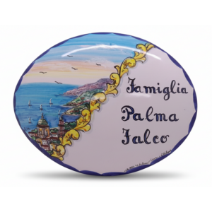 Targa in ceramica ovale con decorazione fiori blu