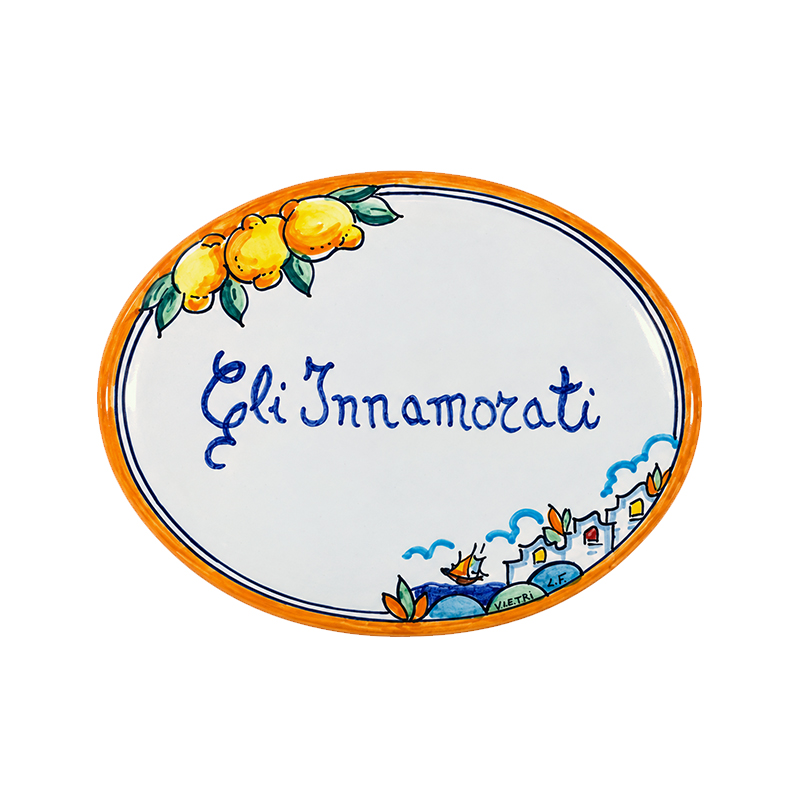 Targa in ceramica ovale con decorazione limoni e case 2