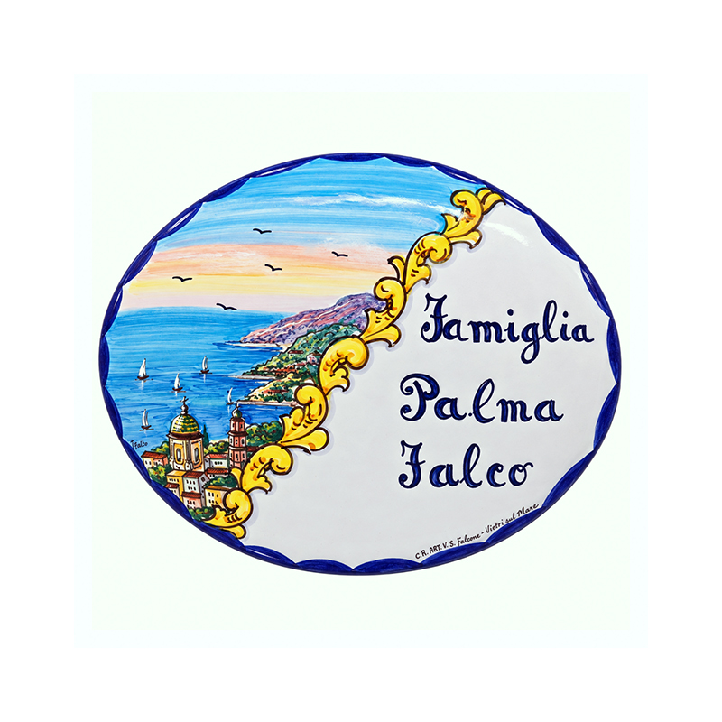 Targa in ceramica ovale con paesaggio costiera Amalfitana