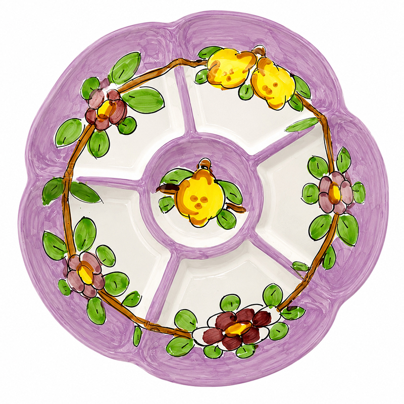 Piatto antipastiera in ceramica, 1 pz a fiore, con 6 scomparti "fiori e limoni"