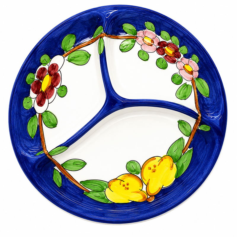 Piatto antipastiera in ceramica, 1 pz rotondo, con 3 scomparti"fiori e limoni"