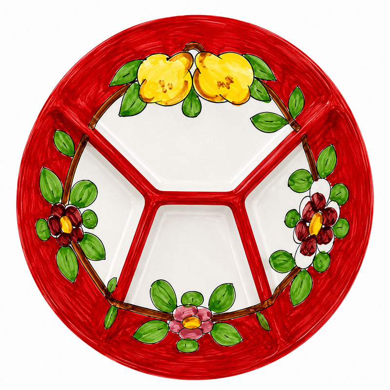 Piatto antipastiera in ceramica, 1 pz tondo, con 4 scomparti"fiori e limoni"