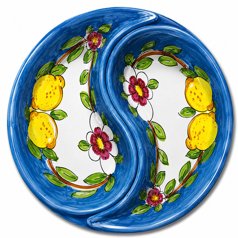 Piatto antipastiera in ceramica,  a forma di virgola, 3 pezzi "fiori e limoni"