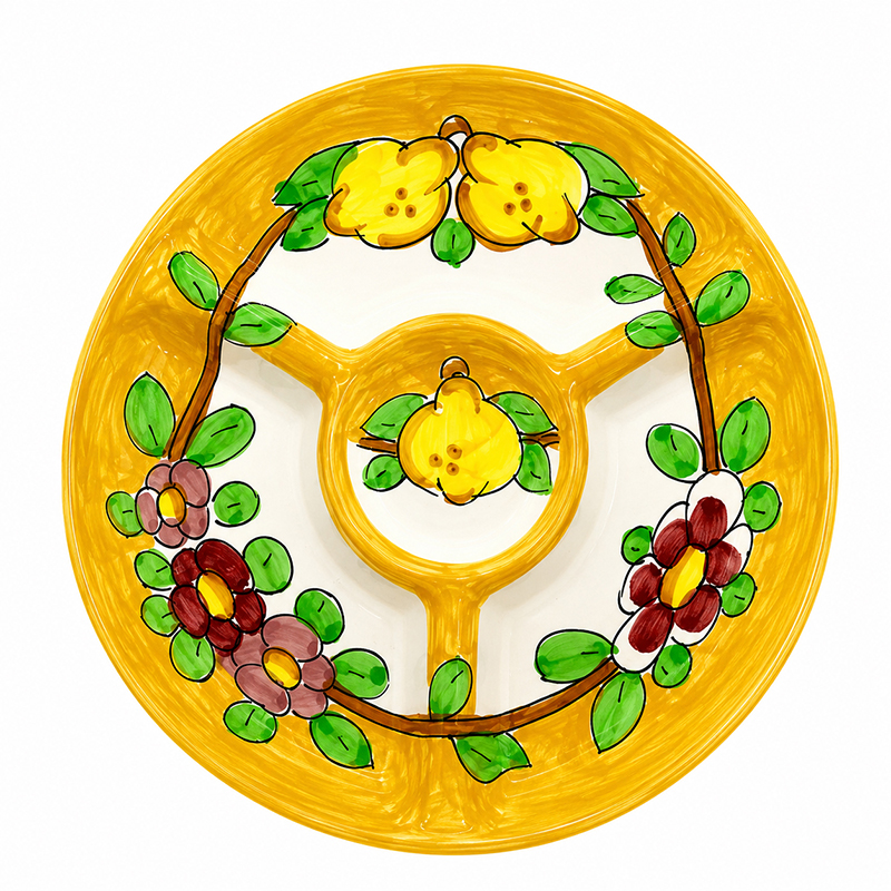 Piatto antipastiera in ceramica, 1 pz tondo, con 3 scomparti e porta salsetta centrale"fiori e limoni"