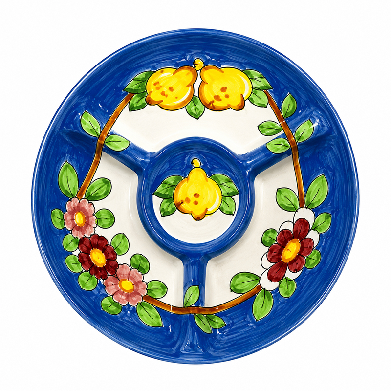 Piatto antipastiera in ceramica, 1 pz tondo, con 3 scomparti e porta salsetta centrale"fiori e limoni"
