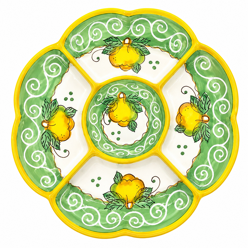 Antipastiera sagomata 1pz a forma di fiore con 5 scomparti "Limoni graffito"
